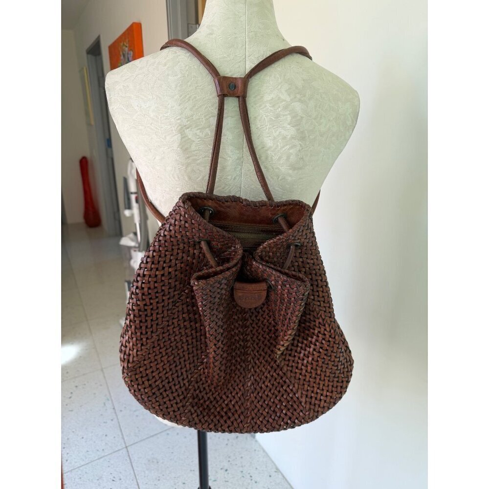 DKNY Womens Backpack Brown Woven Leather Vintage 1990s Casual